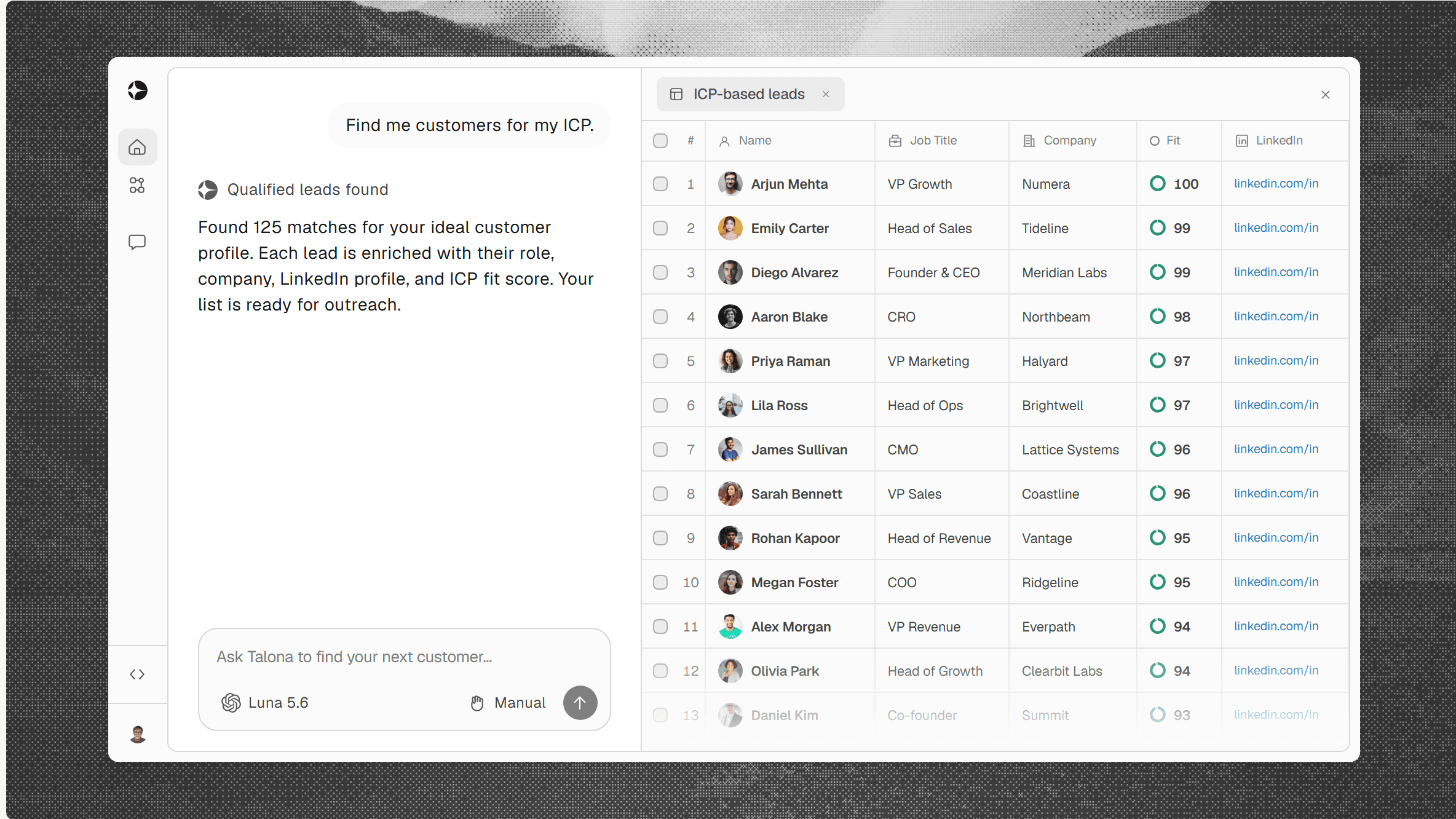 Talona’s demo showing an ICP request beside a lead sheet with names, roles, companies, fit scores, and LinkedIn profiles.